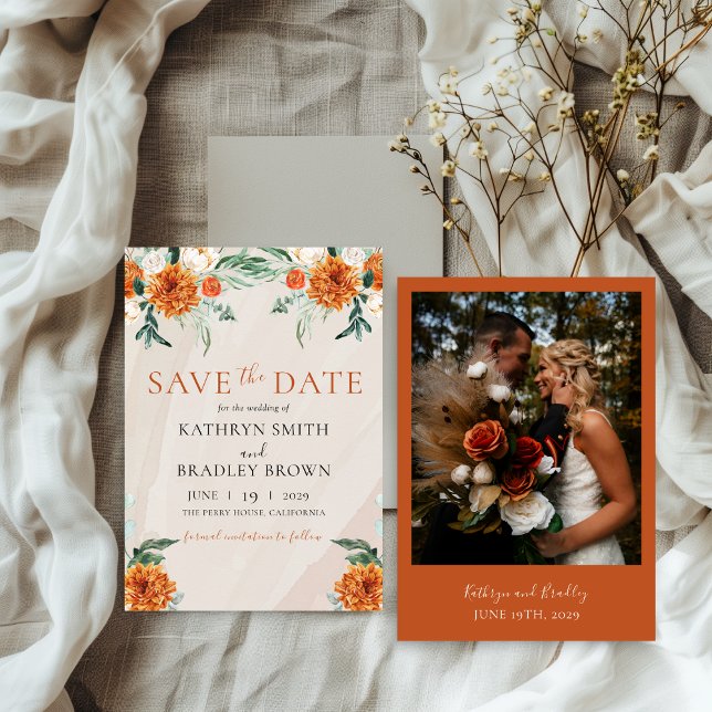 Orange Bright Boho Autumn Floral Wedding Save The Date (Creator Uploaded)