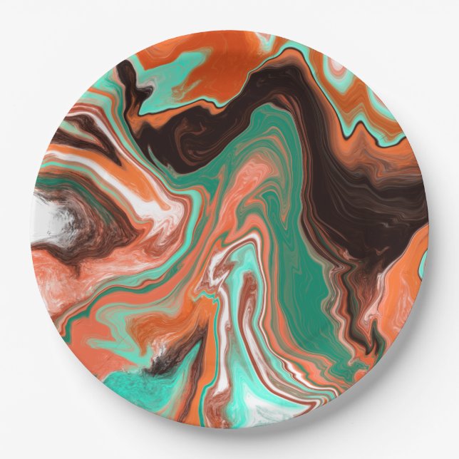 Orange Brown Abstract Art Birthday Party marble Paper Plates (Front)
