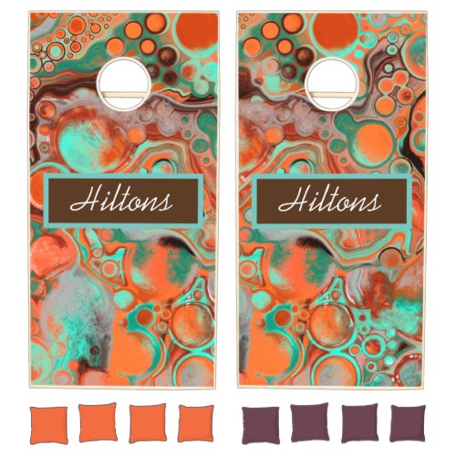 Orange Brown and Teal Fluid Art Cornhole Set