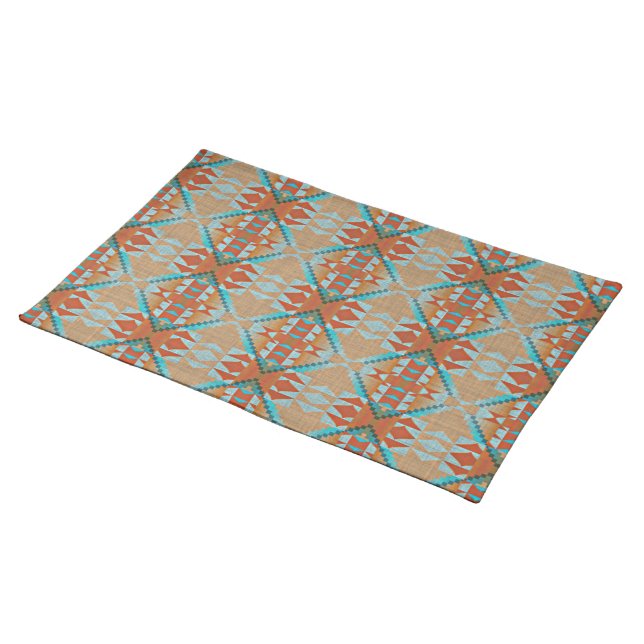 Orange Brown Aqua Turquoise Blue Tribal Art Cloth Placemat (On Table)