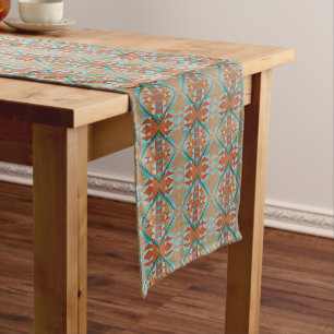 Orange Brown Aqua Turquoise Blue Tribal Art Medium Table Runner
