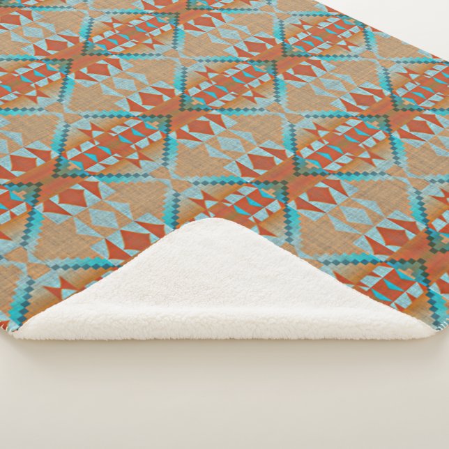 Orange Brown Aqua Turquoise Blue Tribal Art Sherpa Blanket (3/4)