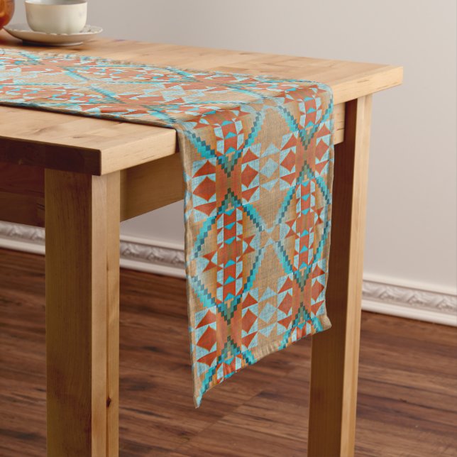 Orange Brown Aqua Turquoise Blue Tribal Art Short Table Runner (In Situ)