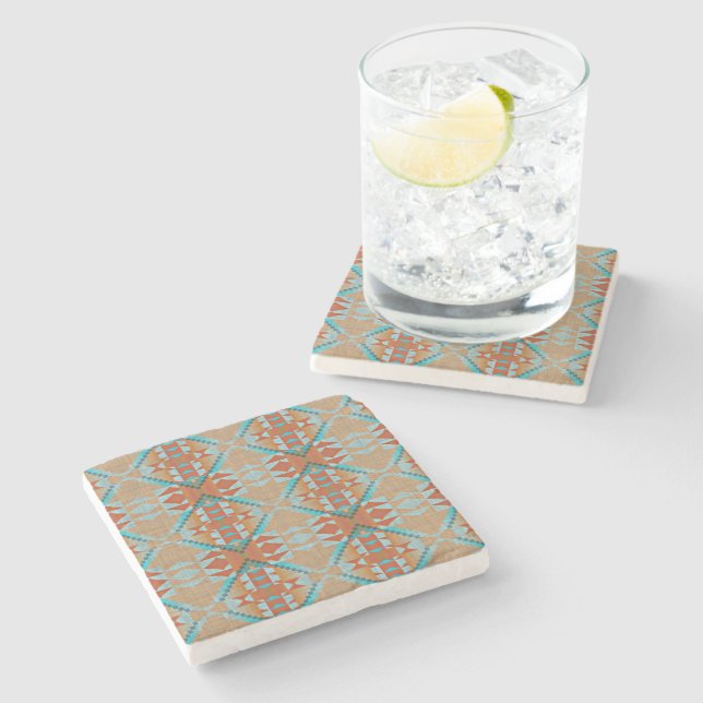 Orange Brown Aqua Turquoise Blue Tribal Art Stone Coaster (Side)