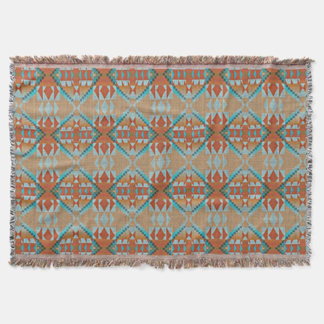 Orange Brown Aqua Turquoise Blue Tribal Art Throw Blanket (Front)