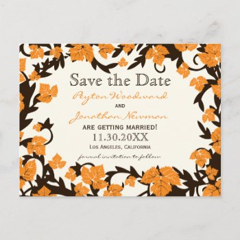 Orange Brown Autumn Leaves Save The Date Announcement Postcard by RenImasa at Zazzle