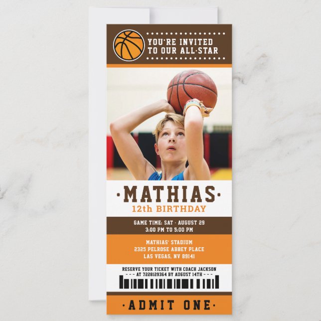 Orange Brown Basketball Ticket Birthday Photo Invitation (Front)