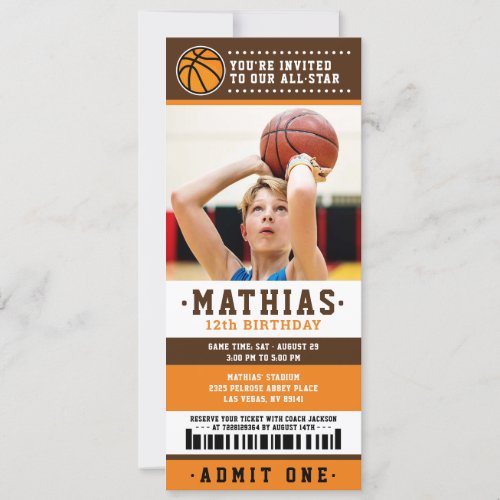 Orange Brown Basketball Ticket Birthday Photo Invitation
