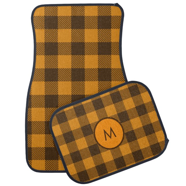 Orange Brown Buffalo Plaid Monogram Initial Car Floor Mat (Set)