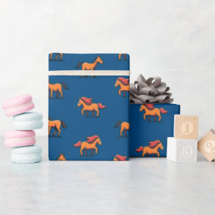Orange Brown Cartoon Horse Pattern Kid B'day Gift Wrapping Paper