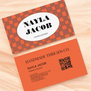 Orange Brown Checkerboard Pattern QR Code Handmade Business Card