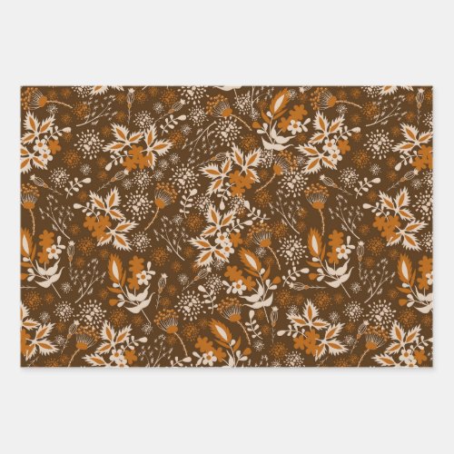 Orange brown Christmas floral pattern Wrapping Paper Sheets