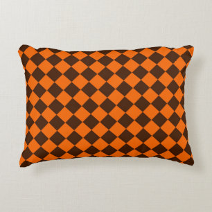 Orange Brown Diamond Checker Pattern Accent Pillow