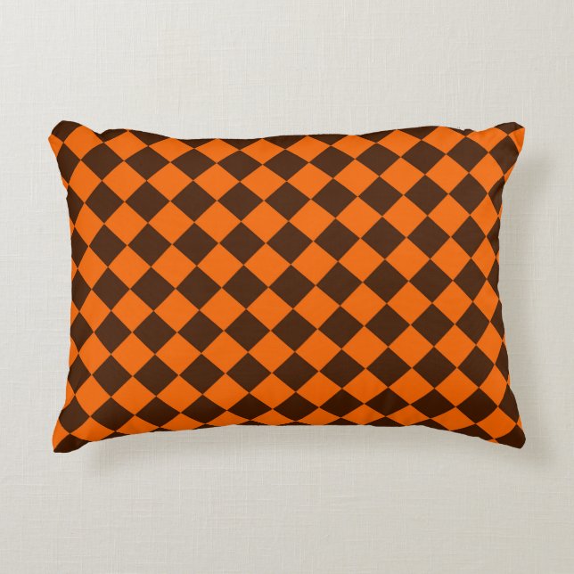 Orange Brown Diamond Checker Pattern Accent Pillow (Front)