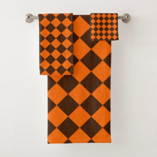 Orange Brown Diamond Checker Pattern Bath Towel Set