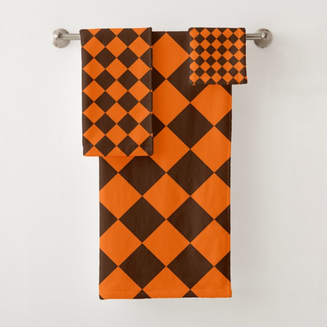 Orange Brown Diamond Checker Pattern Bath Towel Set (Insitu)