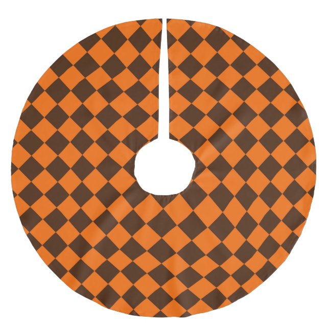 Orange Brown Diamond Checker Pattern Brushed Polyester Tree Skirt (Front)