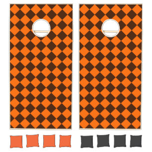 Orange Brown Diamond Checker Pattern Cornhole Set