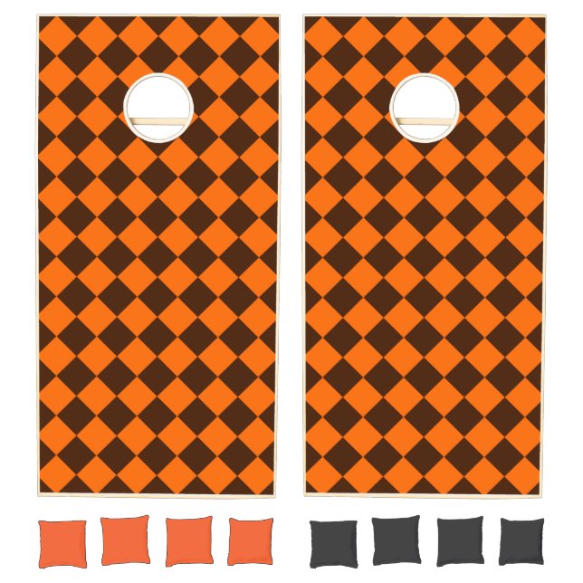 Orange Brown Diamond Checker Pattern Cornhole Set (Set)