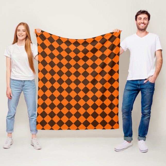 Orange Brown Diamond Checker Pattern Fleece Blanket (In Situ)