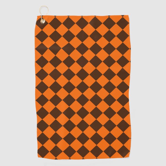 Orange Brown Diamond Checker Pattern Golf Towel (Front)