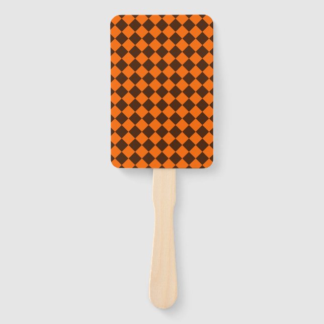 Orange Brown Diamond Checker Pattern Hand Fan (Front)