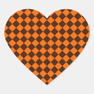 Orange Brown Diamond Checker Pattern Heart Sticker