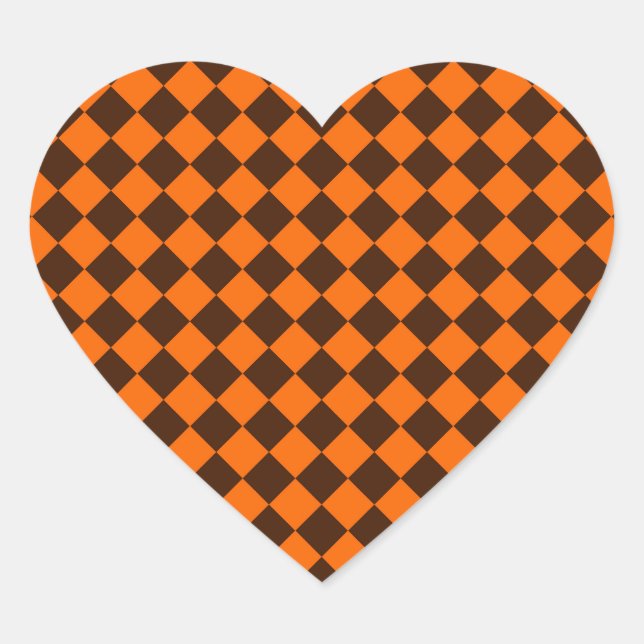 Orange Brown Diamond Checker Pattern Heart Sticker (Front)
