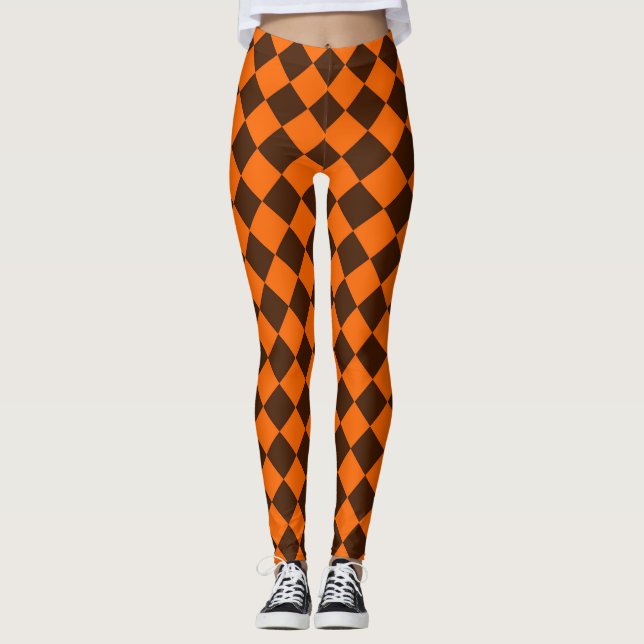 Orange Brown Diamond Checker Pattern Leggings (Front)