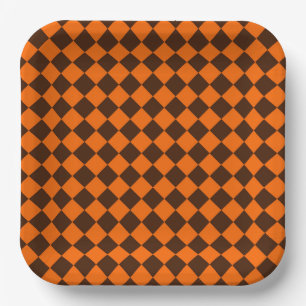 Orange Brown Diamond Checker Pattern Paper Plates