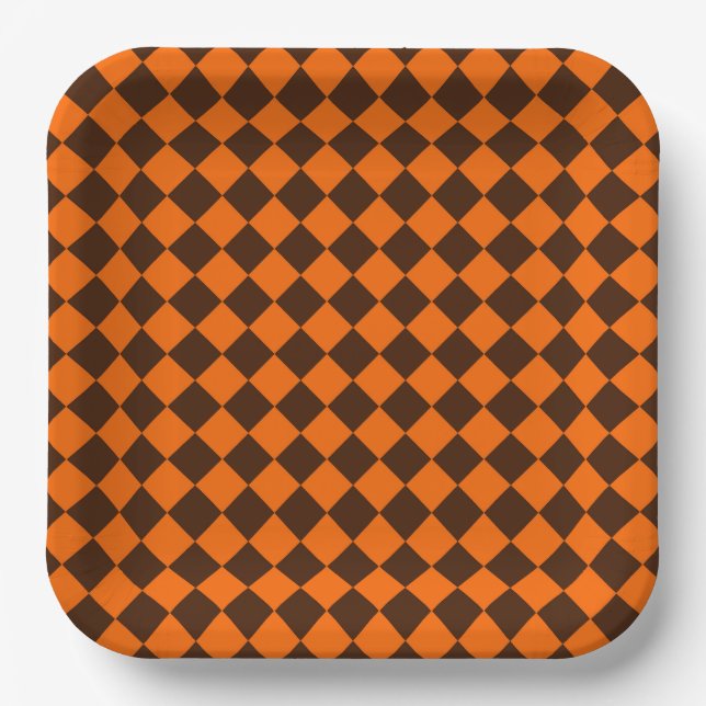 Orange Brown Diamond Checker Pattern Paper Plates (Front)