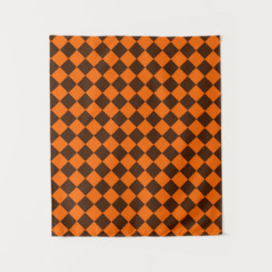 Orange Brown Diamond Checker Pattern Tapestry
