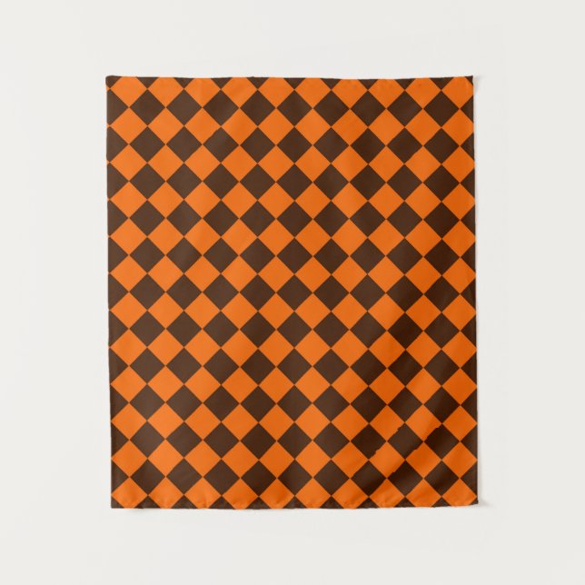 Orange Brown Diamond Checker Pattern Tapestry (Front)