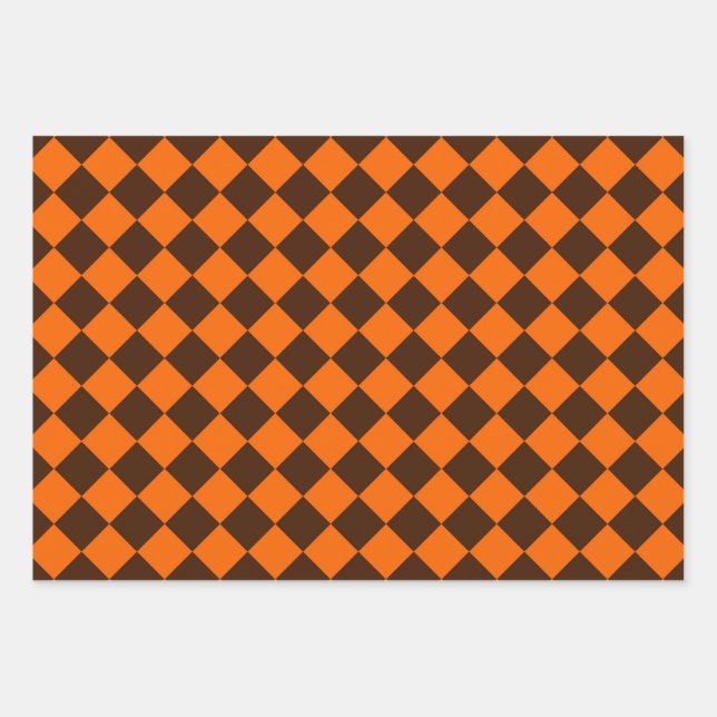 Orange Brown Diamond Checker Pattern Wrapping Paper Sheets (Front)