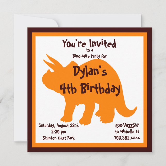 Orange & Brown Dinosaur Birthday Party Invitations (Front)