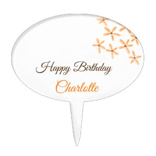 Orange brown flower happy birthday add name cutie cake topper