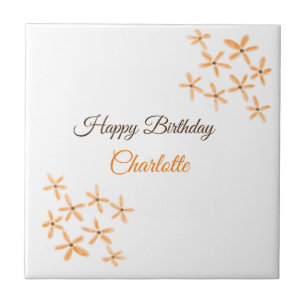 Orange brown flower happy birthday add name cutie ceramic tile