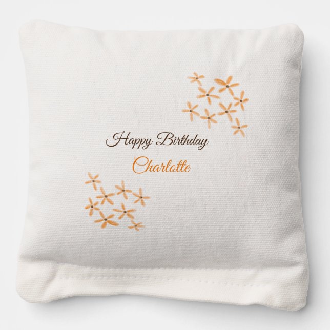 Orange brown flower happy birthday add name cutie  cornhole bags (Front)