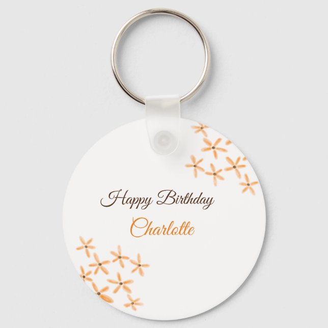 Orange brown flower happy birthday add name cutie  keychain (Front)