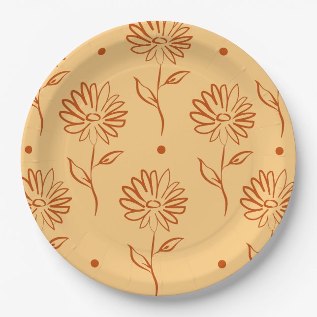 Orange Brown Flower Outline Pattern Paper Plates (Front)