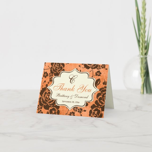 Orange Brown Ivory Floral Damask Thank You Card (Front)
