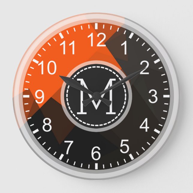 Orange Brown Mosaic Modern Monogram Large Clock (Front)