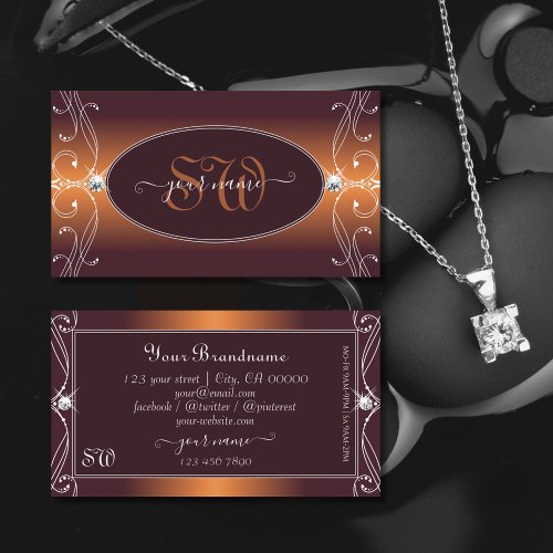 Orange Brown Ombre Ornate Sparkle Jewels Monogram Business Card