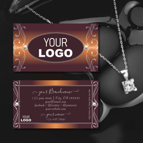 Orange Brown Ombre Ornate Sparkle Jewels with Logo Business Card