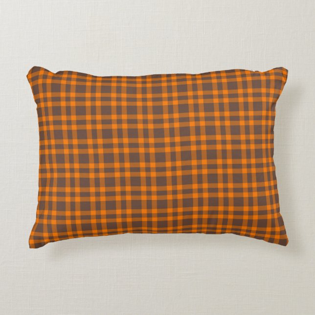 Orange Brown Plaid Pattern Accent Pillow (Front)