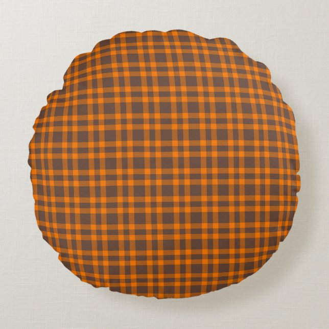 Orange Brown Plaid Pattern Round Pillow (Front)