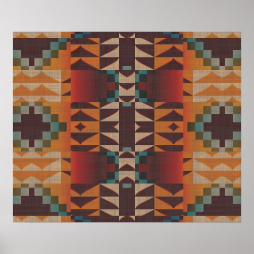 Orange Brown Red Teal Blue Ethnic Tribal Mosaic Poster