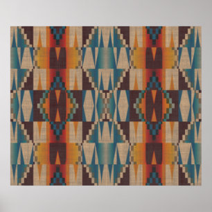 Orange Brown Red Teal Blue Ethnic Tribal Mosaic Poster