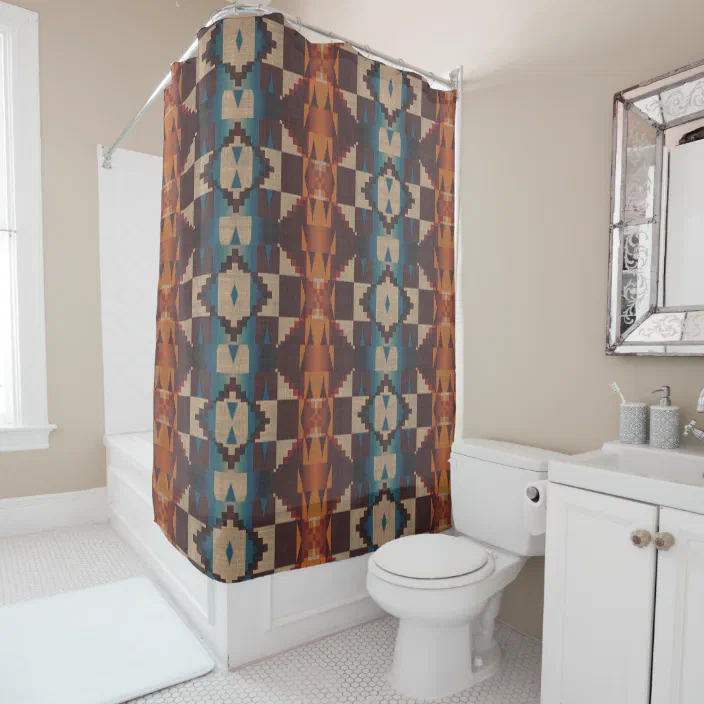 Orange Brown Red Teal Blue Tribal, Chocolate Brown And Teal Shower Curtain
