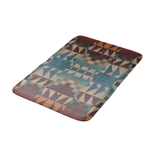 Orange Brown Red Teal Blue Tribal Mosaic Pattern Bathroom Mat